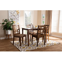 Baxton Studio RH3010C-Walnut/Light Brown Dining Set Abilene Mid-Century Light Brown Fabric Upholstered and Walnut Brown Finished 5-Piece Wood Dining Set